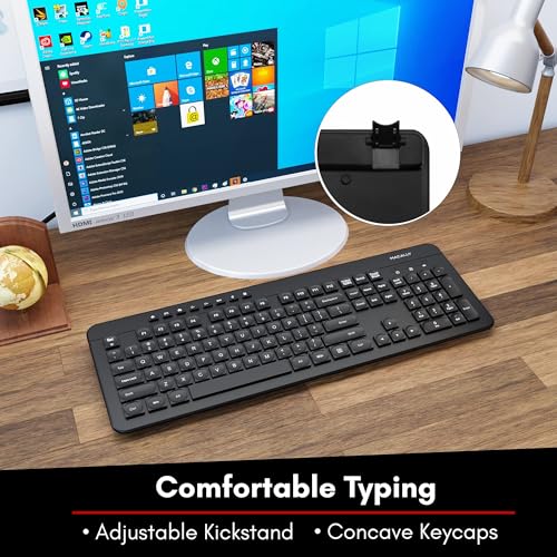 Macally Wireless Keyboard - 2.4G Ergonomic Full Size Keyboard Wireless - Ultra Slim Wireless USB Keyboard for Laptop Windows PC Windows Desktop Computer - Black