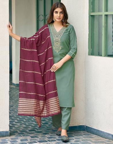 Image of SIRIL Women's Cotton Blend Sequence Embroidery Straight Kurta Pant with Dupatta Set