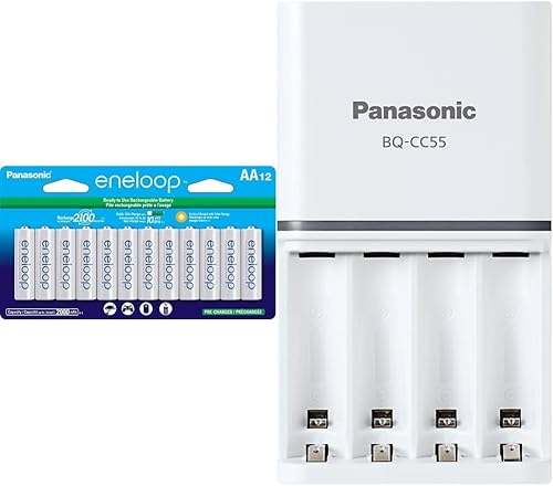 Eneloop Panasonic BK-3MCCA12FA AA 2100 Ciclo Ni-MH Baterías recargables precargadas y batería individual avanzada BQ-CC55SBA Cargador rápido de 3