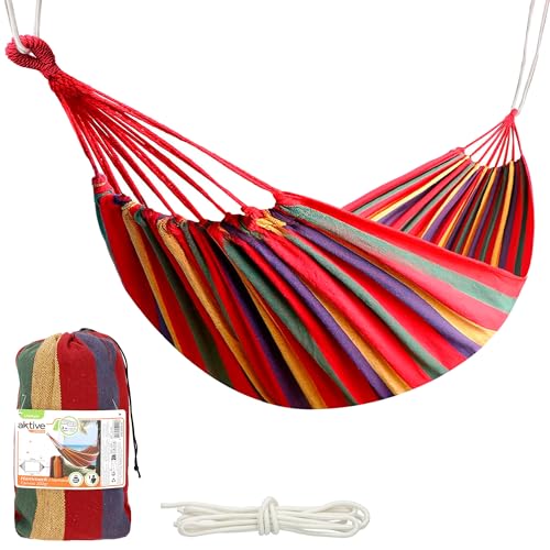 Aktive 52990 - Hamaca colgante de algodón para camping y jardín | Hamaca jardín exterior | Medidas 200x100 cm| Hasta 200 kg de capacidad de carga | Con bolsa de transporte