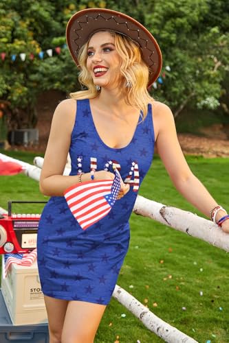 Image of For G and PL Women 4th of July American Flag Tank Dress Deep V Neck Stars Stripe Mini Patriotic Sleeveless Sundress
