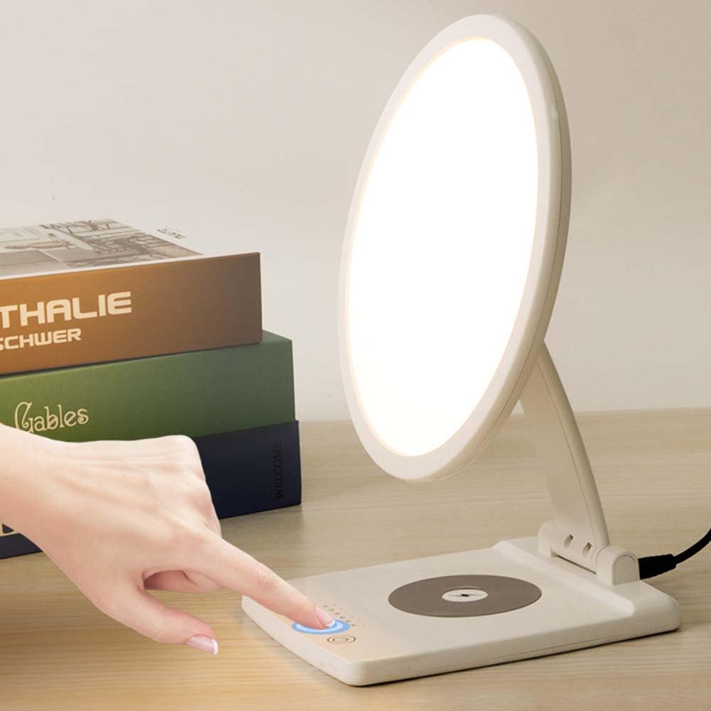 Lampe de Jour 10000 Lux Lux Lampe de Thérapie par la Lumière avec Chargeur sans Fil Eclairage Solaire Rotatif avec 6 Minuteries et Variateur Interrupteur Tactile Eclairage Thérapeutique UV Libre