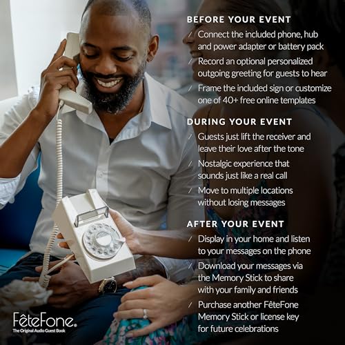 FeteFone The Groove Vintage Audio Guest Book Phone, Unique Voicemail Message Recorder, Guestbook Alternative for Wedding, Bridal Shower, Birthday Party, Baby Shower, Anniversary, Engagement, Bone