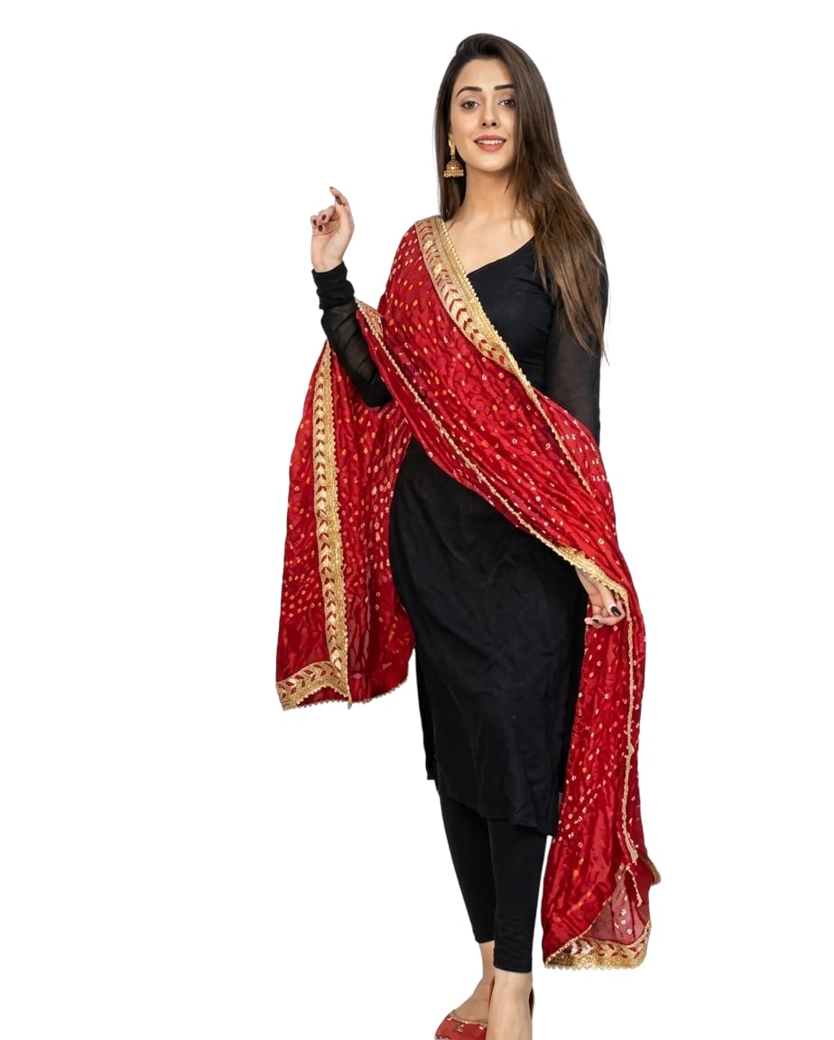 Women Rayon Kurta Pant Dupatta Set Black Straight Kurti with Red Bandhani Dupatta Lace Border Ethnic Suit for Festive Office Casual Function Wear for Women-image-23