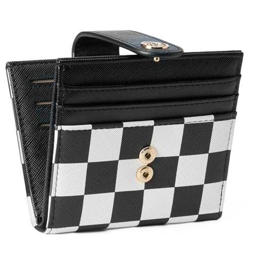 BOSTANTEN Carteira fina feminina pequena com bloqueio de RFID, porta-cartões de crédito, de couro, com bolso para moedas com zíper, Xadrez - preto e branco, small, Slim com bolso para moedas com zíper