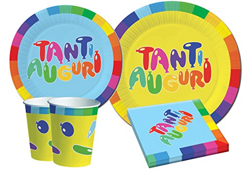 SIAD-Kit Mesa Fiesta Party Tanti Auguri para 8 personas (44 piezas Ø23cm, 8 platos Ø20cm, 8 vasos, 20 servilletas), multicolor, (Ciao Y4634)