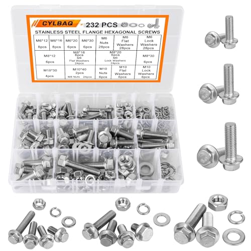 CYLBAQ Flange Nut and Bolt Set M6 M8 M10, 232PCS Flanged Hex Bolts With Flat & Lock Washers, 304 Stainless Steel Hexagon Head Nut and Bolt Sets M6-1.0 M8-1.25 M10-1.5
