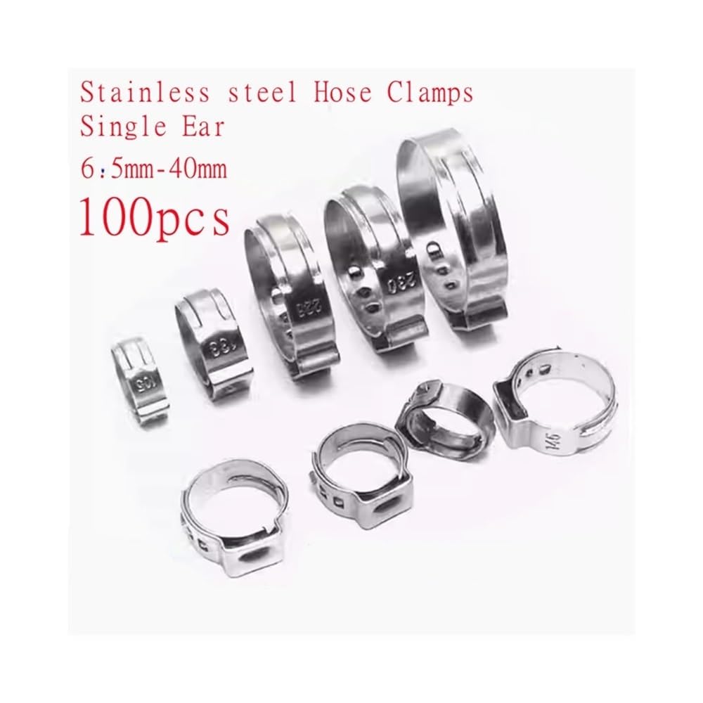 100 Uds. Abrazaderas de manguera de 5,3mm a 30mm abrazaderas de manguera de acero inoxidable 304 continuas de una sola oreja anillos de abrazadera de cincha for sellado(14.3-16.8mm 100pcs)