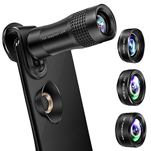 Phone Camera Lens, OYRGCIK 4 in 1 Phone Lens Kit 14X Zoom Telephoto Lens with Telescope, 20X Macro Lens, 120° Wide Angle Lens, 198° Fisheye Lens Compatible with iPhone 11 Pro Max X XS Max Samsung S10