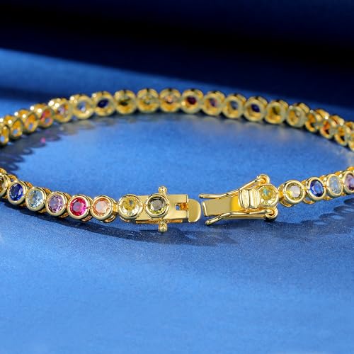 Gemsme 3.0mm Colorful Tennis Link Bracelet, 18K White/Yellow Gold Plated Bezel-Set 3MM Cubic Zirconia Rainbow Tennis Bracelet for Women 6-8.5 Inches4