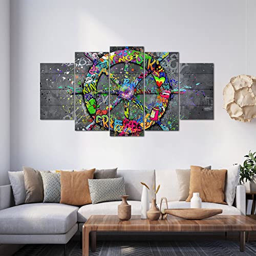 Klvos Nautical Beach Wall Art Boat Ship Steering Wheel Canvas Prints Wall Decor 5 Panel Graffiti Banksy Artwork Framed Stretched For Living Room Bedroom Home Decor #TOP3