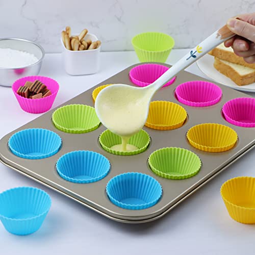 Image of 24Pack Silicone Muffin Cups, Reusable Cupcake Liners Molds for Baking, 3 Shapes Lunch Box Bento Dividers-Round, Square, and Rectangular (Colorsful, Regular Size)