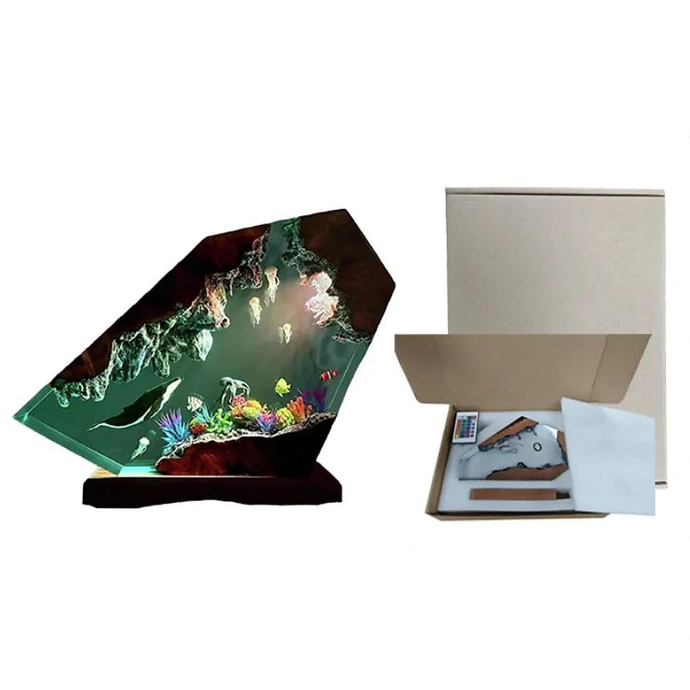 3D Ozean Epoxidharz Nachtlicht, Harz-Ozean-Tier Figuren Ornamente mit Holzsockel, Nachttischlampe mit USB-Kabel und 16 Farbe Remote Mehrfarbige LED Nacht Lampe, Desktop-Kunst-Dekor(Stil 5)