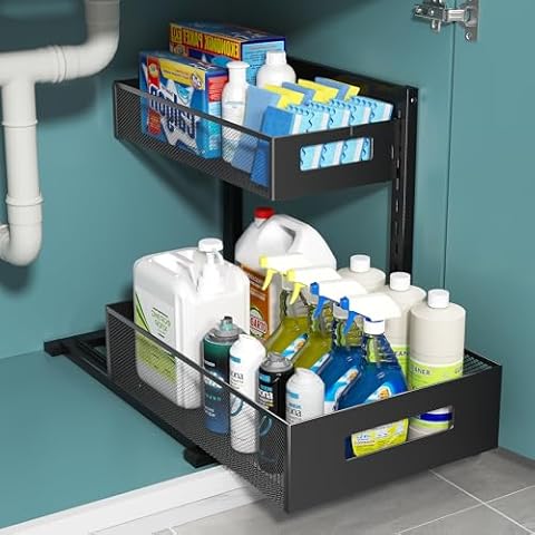 TISTAYA 2-Tier Metal Under Sink Organizer, Pull Out Smoothly Under Kitchen Sink Organizer with Track, Large Capacity Heavy Load Under Sink Storage for Kitchen and Bathroom Cover