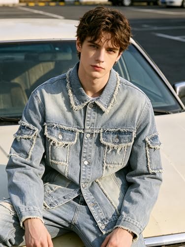 Image of Men's Denim Jacket Patchwork Fringe Jacket Slim Jean Jacket Streetwear Coat