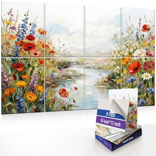 Sound Absorbing Wall Art, 8 Pack Acoustic Art Panels, Self-Adhesive Decorative Wall Panels for Home Office Recording Studio, 47.2 x 31.4 in (Pastel Reverie)
