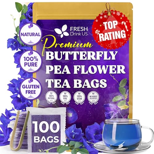 FreshDrinkUS, 100 Premium Butterfly Pea Flower Tea Bags – 100% Pure & Natural | Caffeine-Free Herbal Blue Tea | No Additives, Non-GMO, Made With Natural Material Tea Bag, No Sugar, No Caffeine, No
