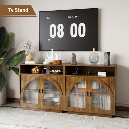 ALWXIA Sideboard Buffet Cabinet with Storage, 63” Farmhouse Curved Design Accent Cabinet with Acrylic Doors & Adjustable Shelves, Modern Coffee Bar (Sideboard W/Compartment_Walnut, 2Pcs) — view 6