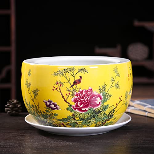 asdchZen Maceta De Cactus Suculenta De Cerámica Redonda Pintada A Mano De 9,4 Pulgadas, Maceta De Arcilla, Plato De Diseño Floral con Bandeja, Maceta Clásica Pintada A Mano, Especialidad De China