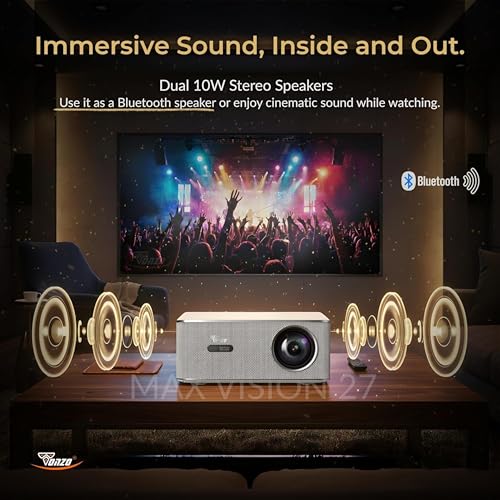 Image of TONZO Max Vision 27 Native 1080P Smart Projector, 4K Supported 22000 Lumens, 300 inch Large Display, Auto Focus, 6D Keystone 3D Glasses, Android 11 (2GB /32GB), WiFi 6 & BT 5.4, OTT Apps, Dual 10W Speakers