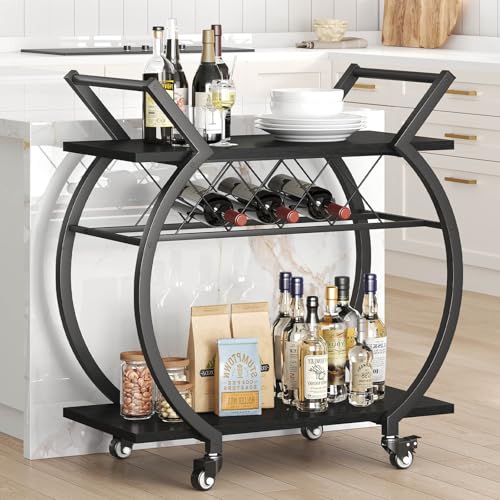 Image of LVB Black Bar Cart with Wheels, Industrial Wine Cart with Storage for Home | Modern Bar Cart with Wine Rack, Beverage Rolling Kitchen Serving Cart, Wooden Microwave Drink Liquor Cart for Dining Room