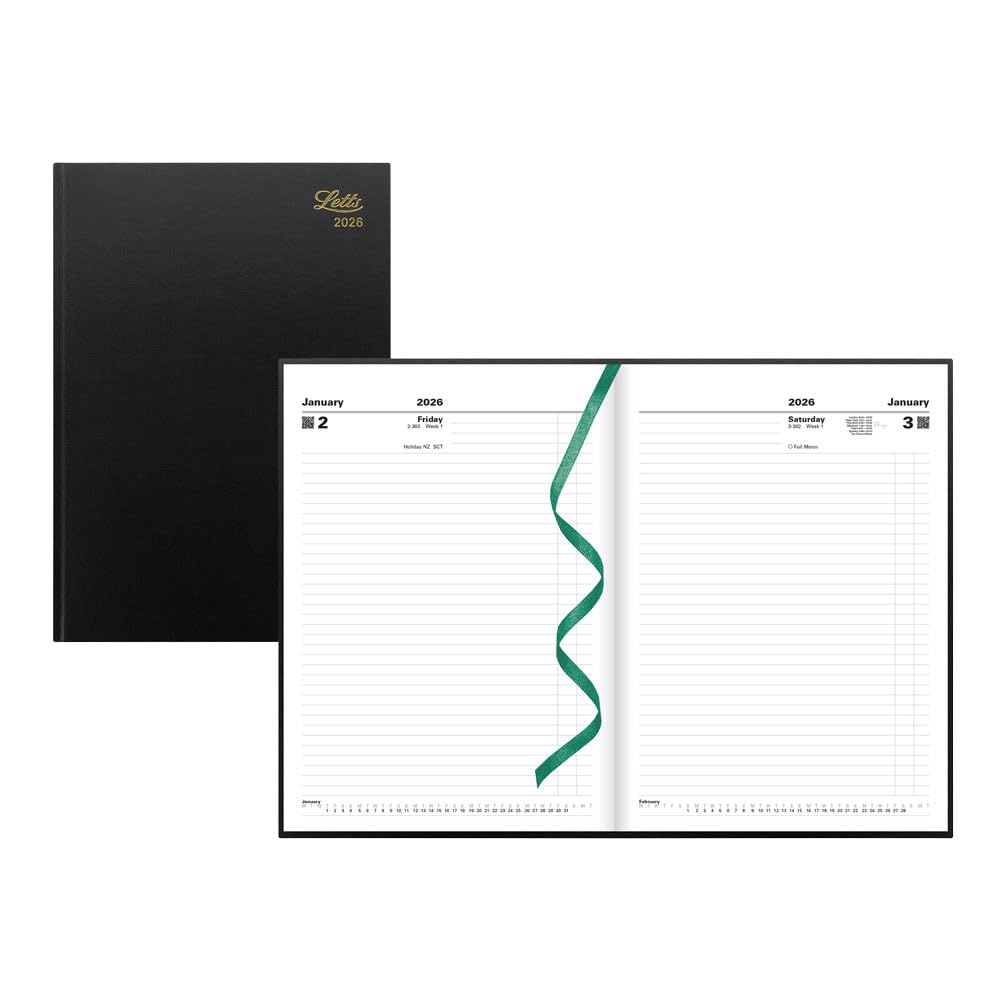 LETTS Agenda giornaliera standard A4, senza tempo, rilegatura perfetta, copertina rigida effetto pelle, inglese, nero