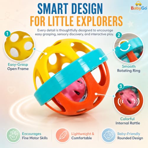 Image of BabyGo Baby Rattle Ball Toy Set for 0 to 12 Months | Newborn Baby Toys | Easy-Grip Soft Sound Sensory Rattles for Infants | Baby Shower Gift | 2 Pcs | Multicolour