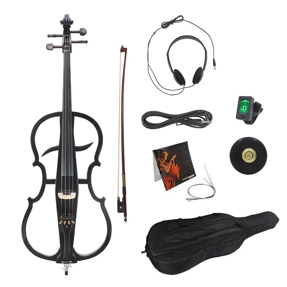 Violoncello Elettrico 4/4 Professionale Fatto a Mano con raccordi in Ebano (Dimensione Intera) Nero