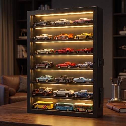 1/64 Model Car Display Case with LED Light Diecast Car Display Case 1/64 Car Display Shelf Wall Mounted Wooden Display Cabinet for 1/64 Scale Model Cars Black Collector Showcase 16 x 12 x 2 Inch