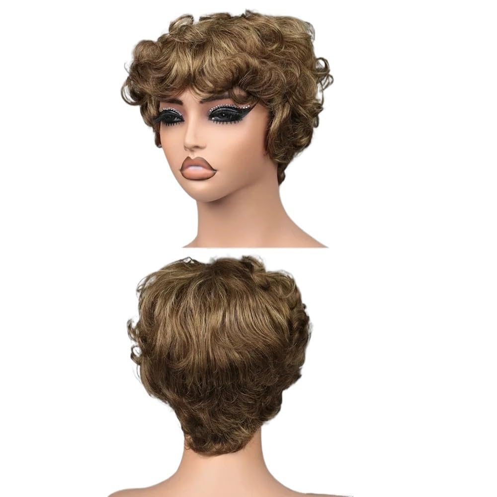 xiuling4568 6 inch Short Pixie Cut Wig Human Hair for Women, Machine Made Curly Bob Wigs with Bangs Hairs Extensions(Highlight)