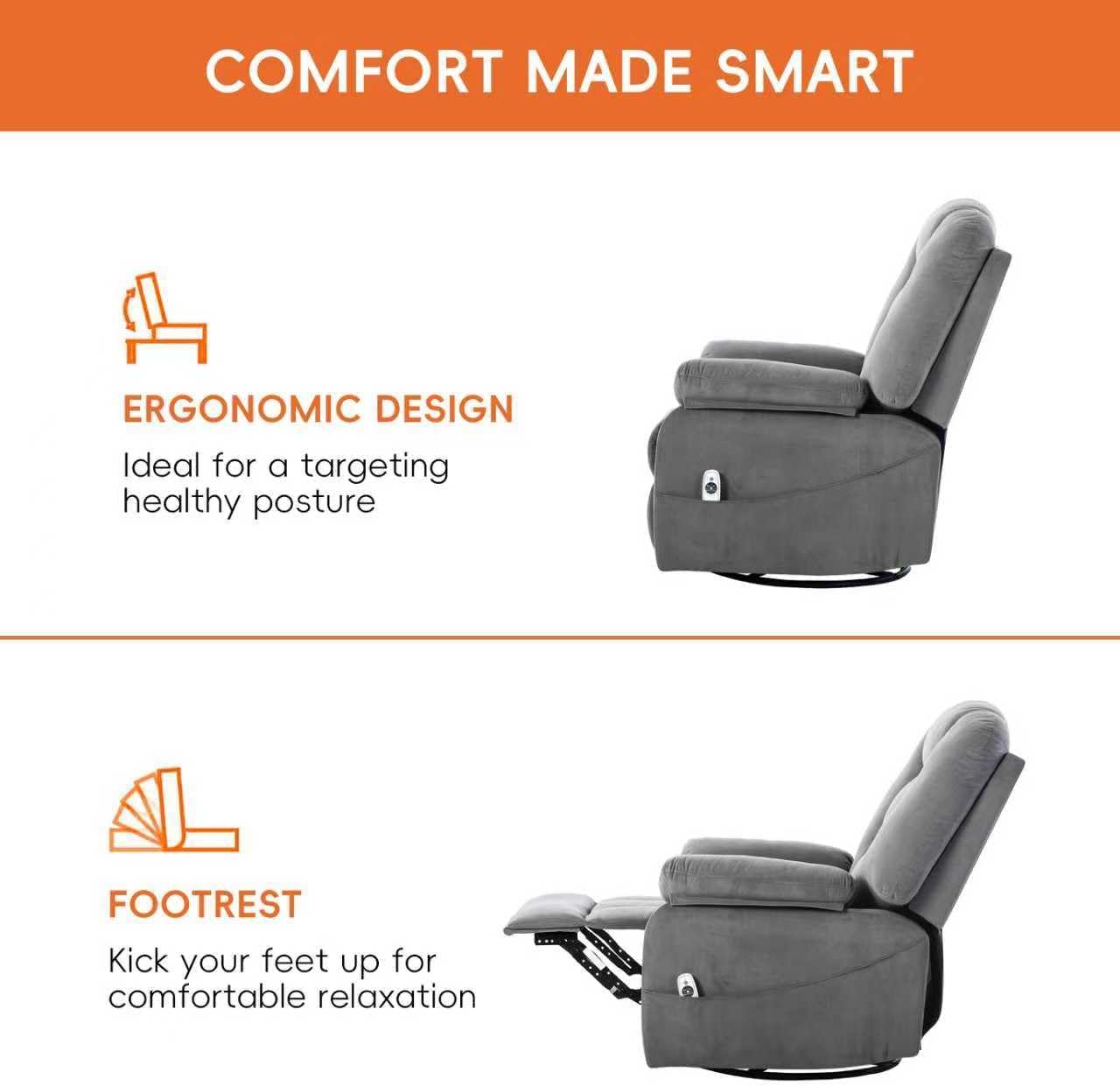 Power Swivel Rocker Recliner with Massage and Heat, USB and Type-C Port, Infinite Position, Electric Glider Rocking Chairs Living Room, Soft Fabric Reclining Sofa Chair (Velvet Grey)