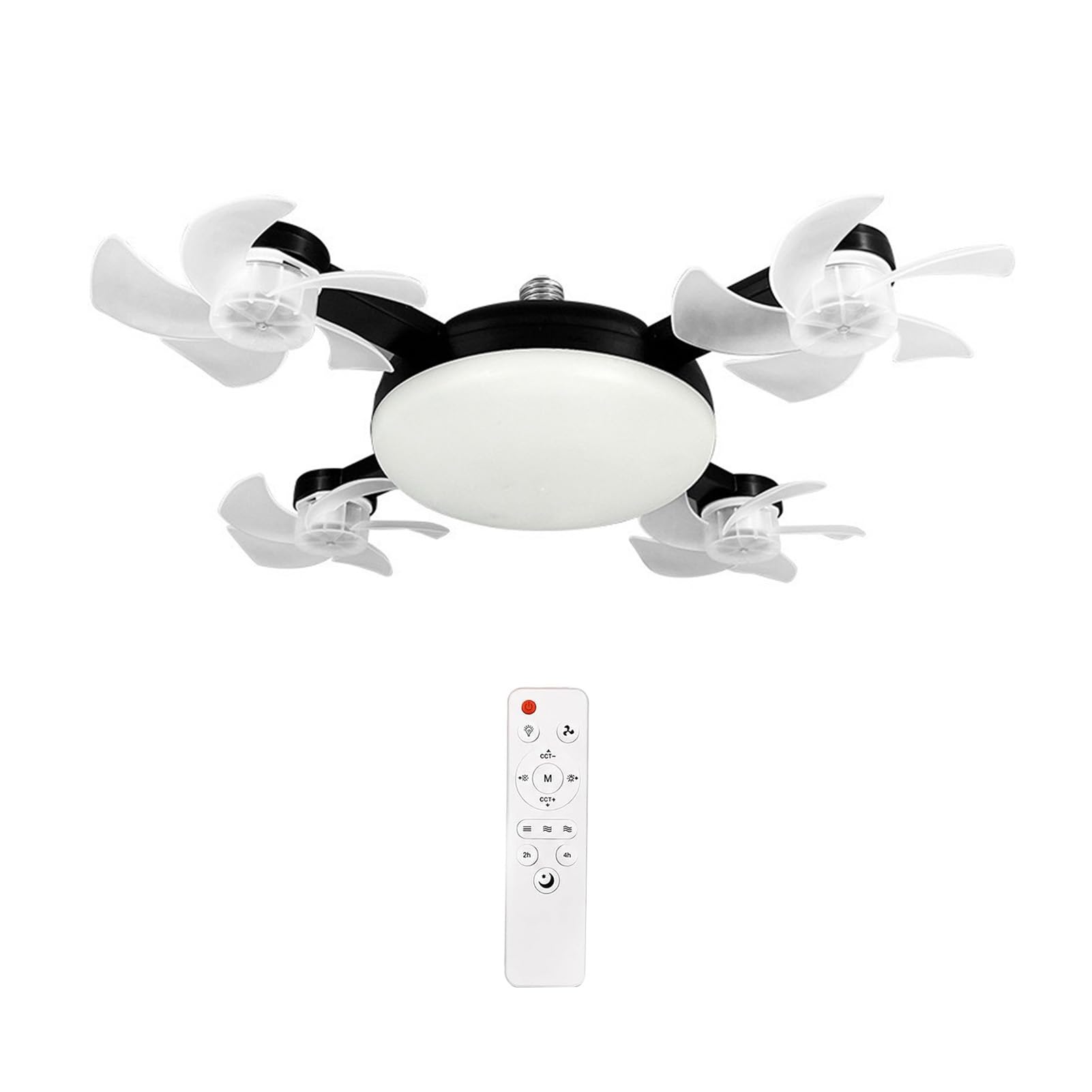 Ceiling Fan with Light and Remote Control, Foldable Blade Silent LED Fan Light, E27 Socket Fitting, 3-Speed Dimmable Lamp for Bedroom Kitchen, 40-60cm Adjustable Black 4pcs A