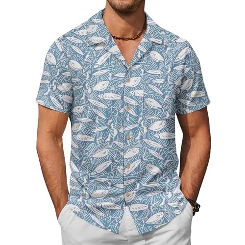 COOFANDY Men's Hawaiian Floral Shirts Cotton Linen Button Down Tropical Holiday Beach Shirts Small A- Blue Shark