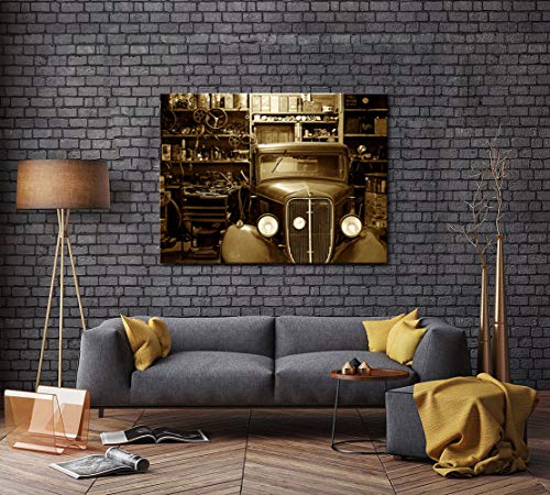 Artsbay Vintage Car Rustic Workshop Canvas Giclee Print Black And White Auto Repair Shop Picture Painting Modern Garage Retro Wall Art Decor Framed For Home Office Living Room Decoration 32"W X 24"H #TOP3