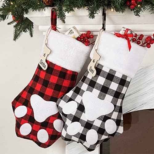 MOSTOP Dog Christmas Stockings with Name Tag, 2 Pack Buffalo Plaid Pet Dog Paw Large Xmas Stockings for Family Holiday Decorations Seasonal Decor