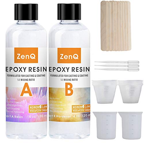 ZenQ Casting Resin Kit 8oz - 2 Part Epoxy Resin Crystal Clear for Art, Crafts, Jewelry, 8oz Resin Kit with Bonus 10 Measuring Cups, 10 Mixing Sticks, 3 Pipettes and 2 Silicone Resin Mixing Cups