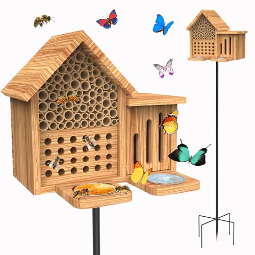 Mason Bee House Wooden Butterfly House with Feeders and Metal