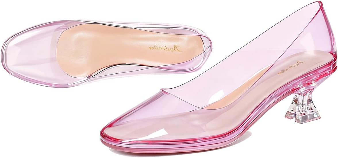 Women Clear Low Kitten Heels Pumps Shoes Round Closed Toe Slip On Transparent Sandals Open Peep Toe Chunky Block PVC Heels Crystal Pumps Office Wedding Party Dressy Summer Chic 4-11 M US