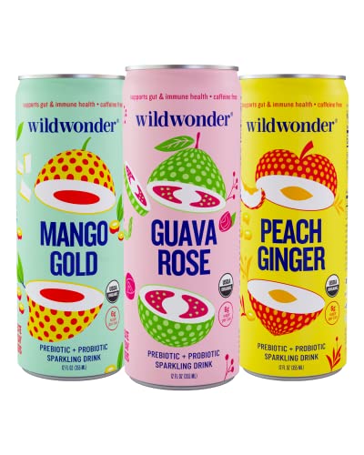 Wildwonder Sparkling Probiotic Juice Drink w/ Gut Health Immunity & Digestion Support, w/ 5g Fiber & Live Probiotics, Caffeine Free, Organic, Vegan, Low Sugar & Calorie, 12pk 12oz Can Variety Pack