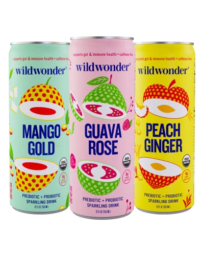 Wildwonder Sparkling Probiotic Juice Drink w/ Gut Health Immunity & Digestion Support, w/ 5g Fiber & Live Probiotics, Caffeine Free, Organic, Vegan, Low Sugar & Calorie, 6pk 12oz Can Variety Pack