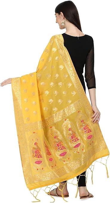 Women's Woven Banarasi Silk Zari Dupatta/Chunni, Width 1 Meter, Length 2.5 Meter,Yellow4