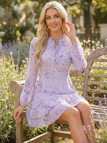 Image of Allegra K Women's Spring Dresses 2026 Tie V Neck Semi Sheer Long Sleeve Layered Tiered Chiffon Mini Floral Dress