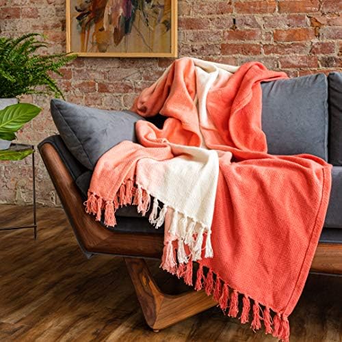 Refinery29 | Riley Collection | Premium Cotton Textured Throw Blanket, Modern Dip Dye Fringe Design for Luxury Home Décor (50 x 70, Coral)