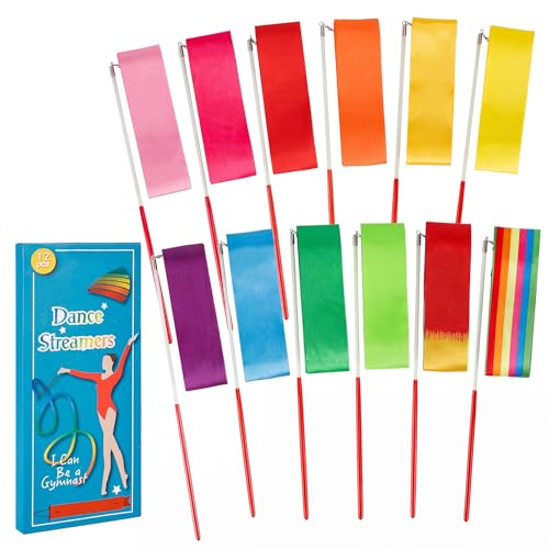 YGEOMER 12pcs Dance Ribbons, Rainbow Gymnastics Ribbon Wands for Kids Dancer, Dance Twirling Sticks...