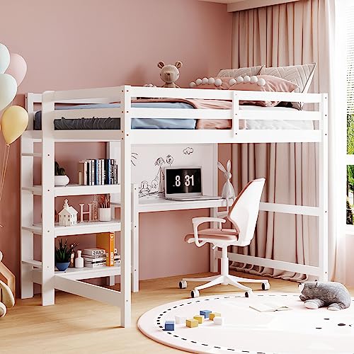 roomfitters Full-Size Wooden Loft Bed with Shelves, Built-in Desk, Writing Board, Durable Wooden Frame, Practical and Stylish Study and Sleep Arrangement, White