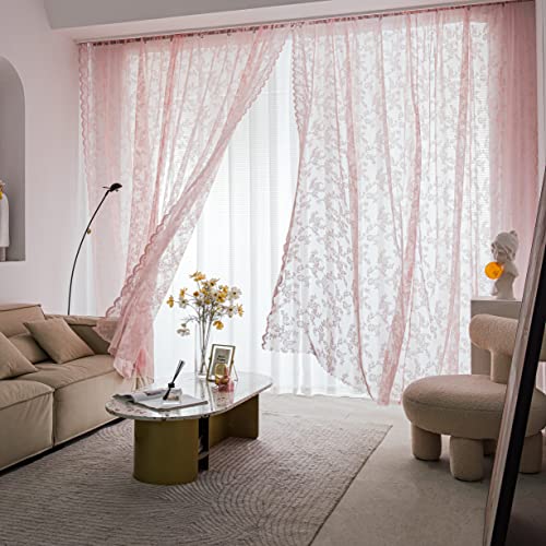 Sutuo Home Pink Lace Curtains 84 Inches Long 2 Panels Set, Blush Sheer Country Retro Florals Vintage Voile Window Treatment For Girls Bedroom/Living Room/Old World Decor Rod Pocket W57 X L84 #TOP1