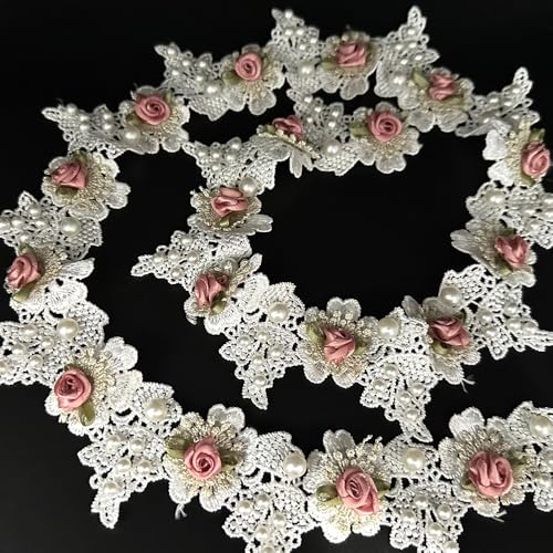 Urimpavido LACE TRIM 1 Yard Vintage White Pearl Beads Rose Flowers Embroidered Lace Edge Trim Fabric Floral Appliques Lace Ribbon Bridal Handmade Sewing Craft thumb #3
