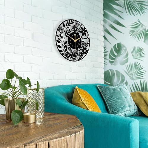 Image of Metal Wall Clock for Living Room, Bedroom, Office, Kitchen, Home and Hall, Stylish Designer Big Size Modern Wall Watch for Home Decor Black (Floral, 40 CMS)