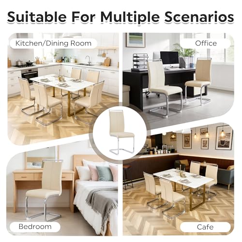 Image of Baysitone Modern Dining Chairs Set of 4, Side & Kitchen Chairs with Silver Frame, Faux Leather Padded Seat High Back, for Dining, Kitchen & Living Room - Beige