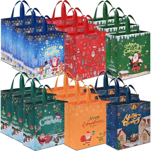 Whaline Christmas NonWoven Gift Bags Christmas Tote Bags with Handles Red Green Snowflakes Xmas